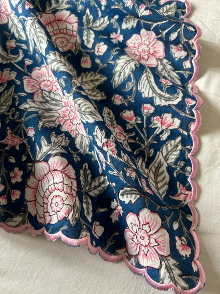 Block print border handkerchief blue x pink flower htm150514