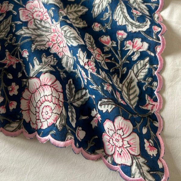 Block print border handkerchief blue x pink flower htm150514