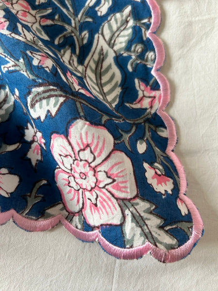 Block print border handkerchief blue x pink flower htm150514