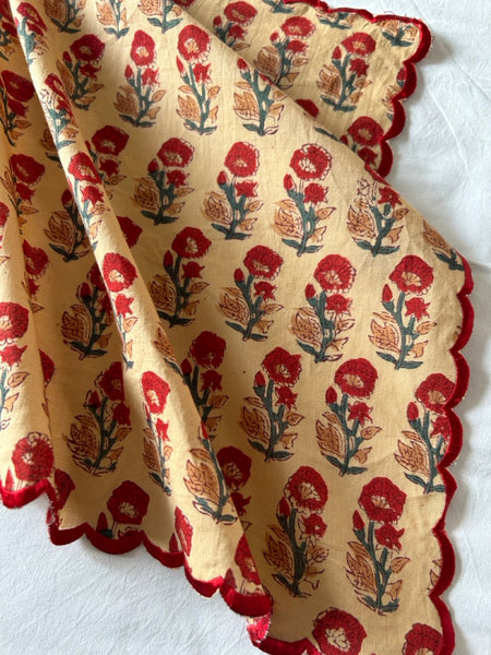 Block print border handkerchief blue x red flower htm150514