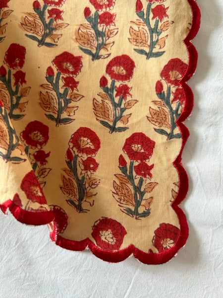 Block print border handkerchief blue x red flower htm150514