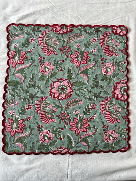 Block print border handkerchief red x green botanical htm150514