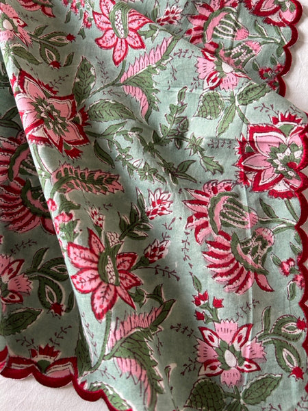 Block print border handkerchief red x green botanical htm150514