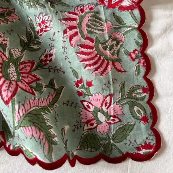 Block print border handkerchief red x green botanical htm150514