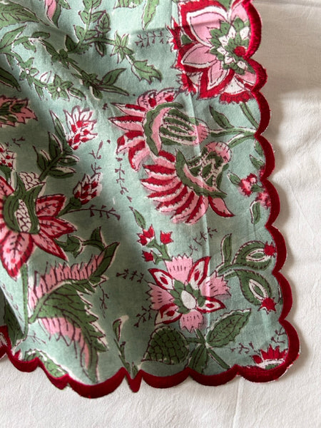 Block print border handkerchief red x green botanical htm150514