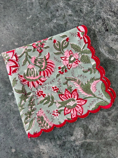 Block print border handkerchief red x green botanical htm150514