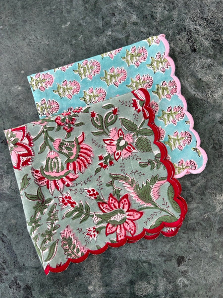 Block print border handkerchief red x green botanical htm150514