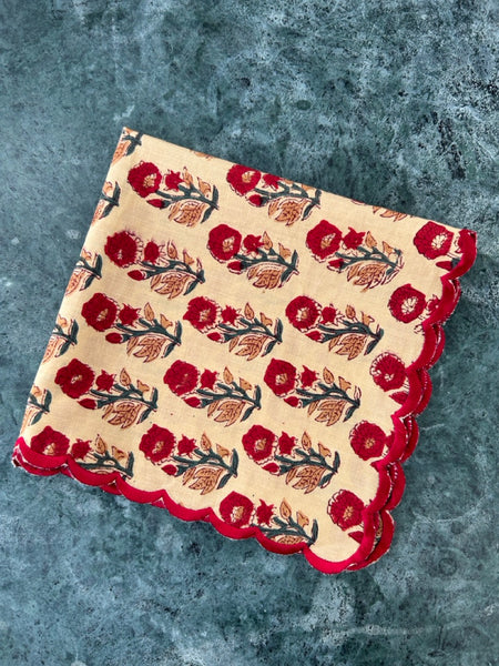 Block print border handkerchief blue x red flower htm150514