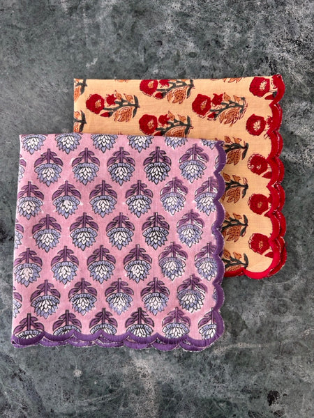 Block print border handkerchief blue x red flower htm150514