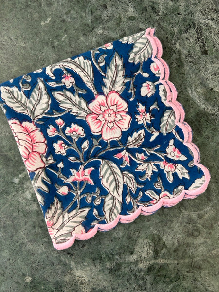 Block print border handkerchief blue x pink flower htm150514