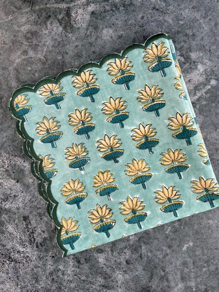 Block print border handkerchief yellow x green flower htm150514