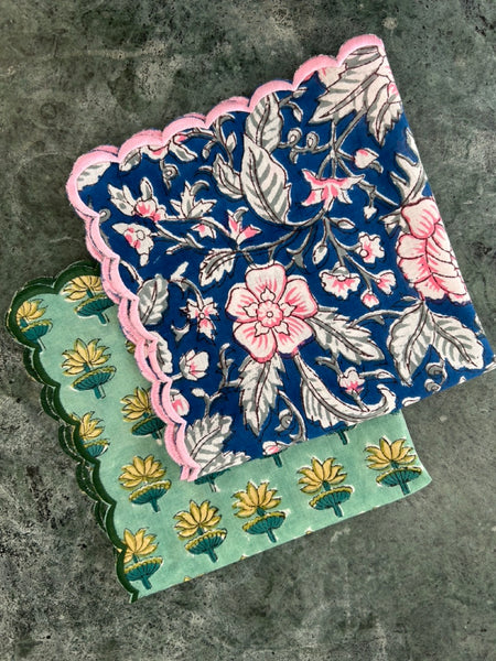 Block print border handkerchief yellow x green flower htm150514
