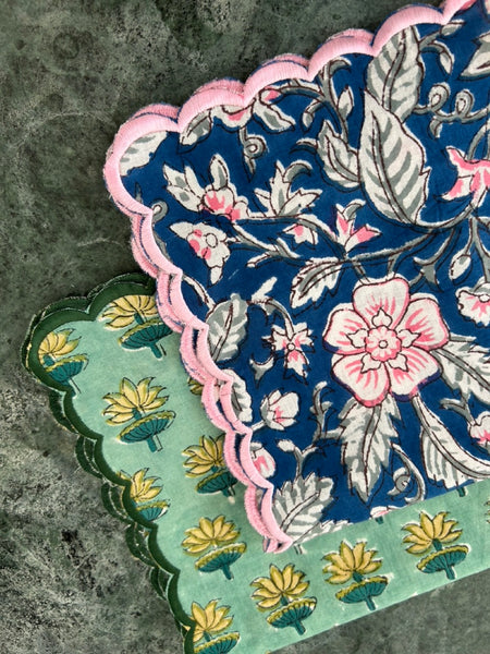 Block print border handkerchief blue x pink flower htm150514
