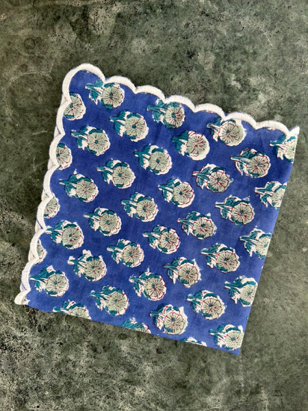 Block print border handkerchief blue x ash green htm150514