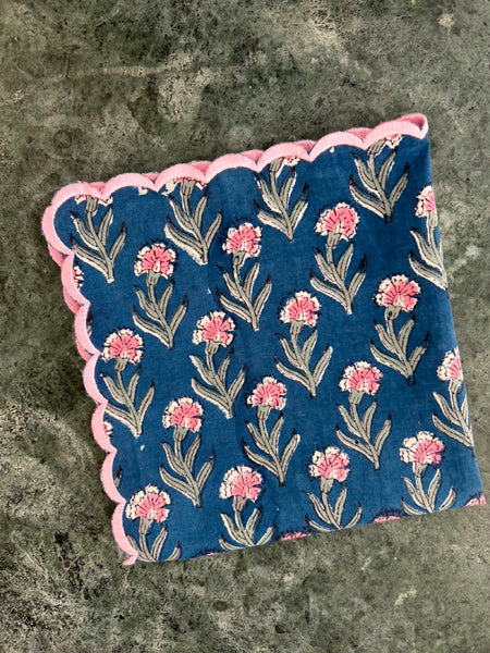 Block print border handkerchief navy x pink flower htm150514