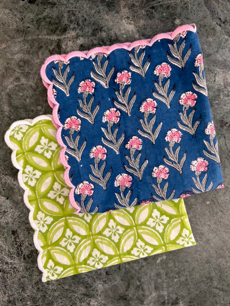 Block print border handkerchief navy x pink flower htm150514