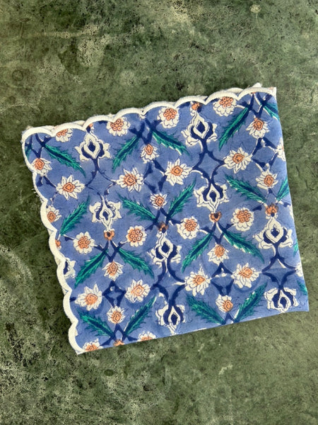 Block print border handkerchief white x blue flower htm150514