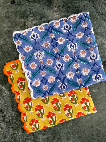 Block print border handkerchief white x blue flower htm150514