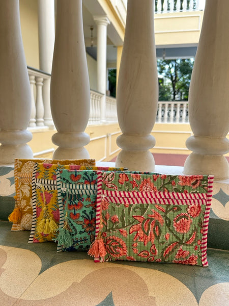Block Print Quilted Flat Pouch Peacock Botanical htm150436