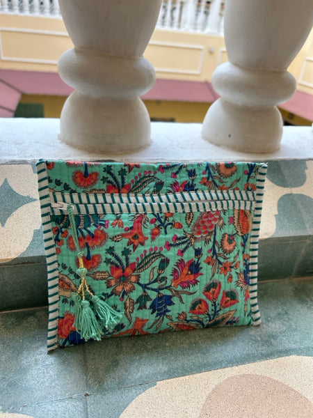 Block Print Quilted Flat Pouch Peacock Botanical htm150436