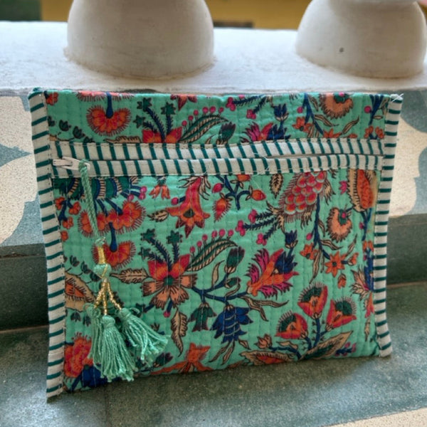 Block Print Quilted Flat Pouch Peacock Botanical htm150436