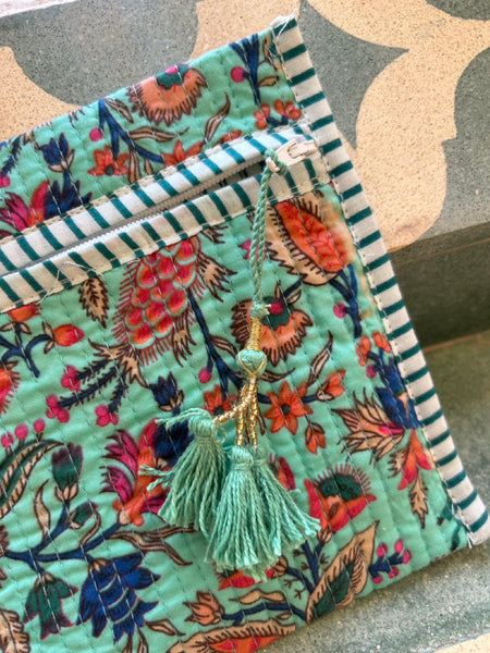 Block Print Quilted Flat Pouch Peacock Botanical htm150436
