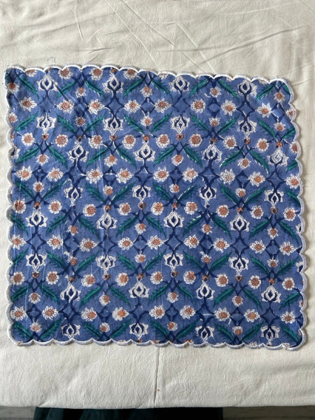 Block print border handkerchief white x blue flower htm150514