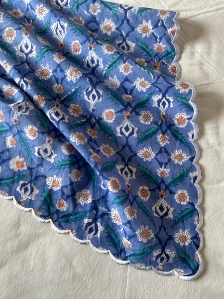 Block print border handkerchief white x blue flower htm150514