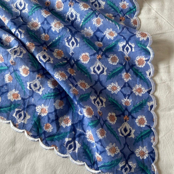 Block print border handkerchief white x blue flower htm150514