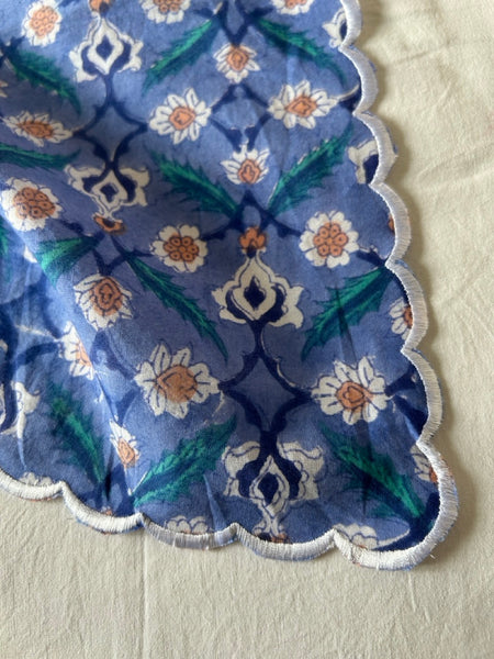 Block print border handkerchief white x blue flower htm150514