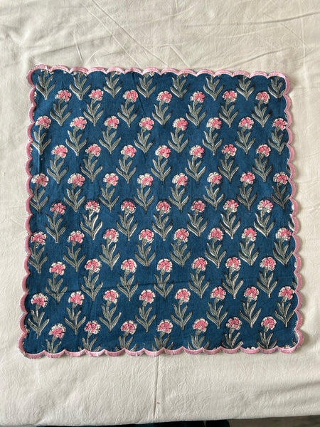 Block print border handkerchief navy x pink flower htm150514