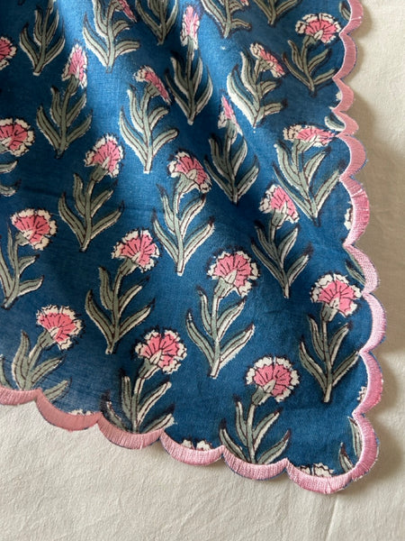 Block print border handkerchief navy x pink flower htm150514