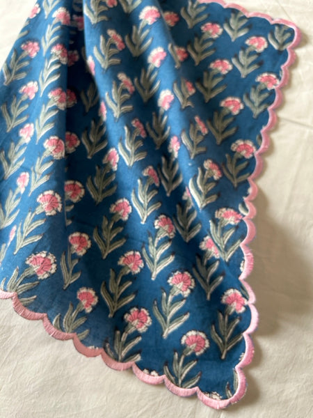 Block print border handkerchief navy x pink flower htm150514