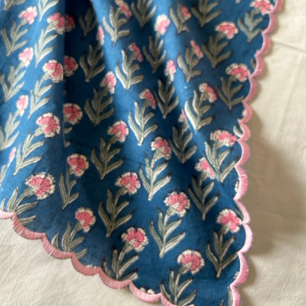 Block print border handkerchief navy x pink flower htm150514