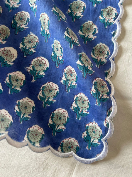 Block print border handkerchief blue x ash green htm150514