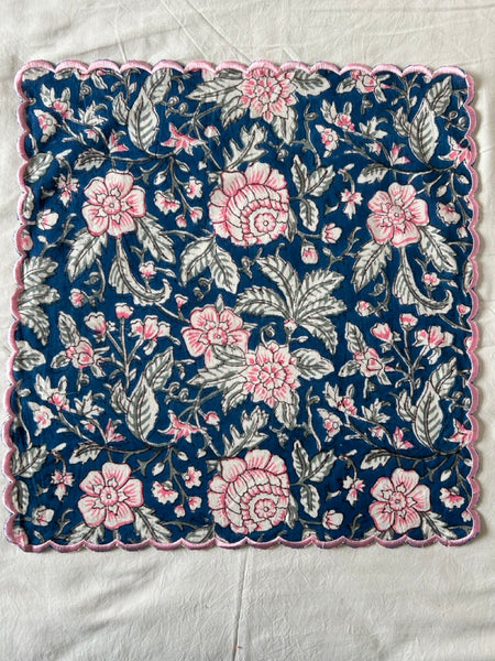Block print border handkerchief blue x pink flower htm150514