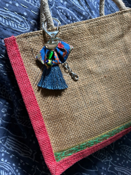 Indian ribbon x tassel glitter 3way keychain blue htm150342