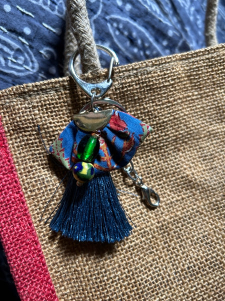 Indian ribbon x tassel glitter 3way keychain blue htm150342