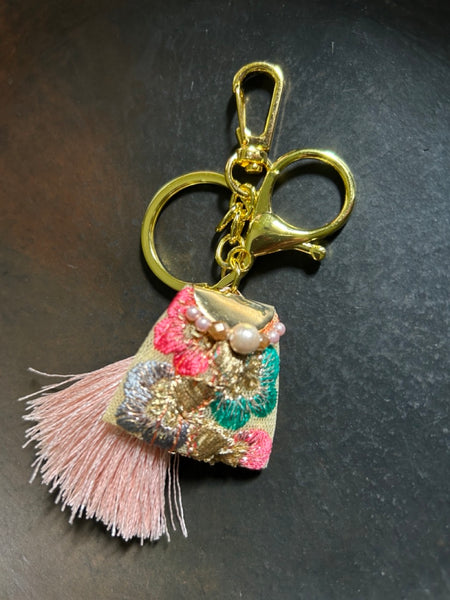 Indian ribbon x tassel glitter 3way keychain pink htm150342