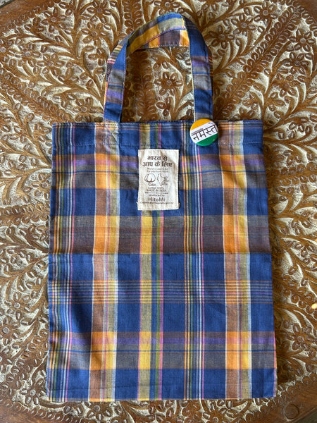 インド綿 ミニトート 缶バッジ付き ブルーチェック htm150632