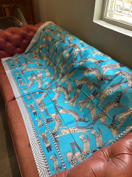 インド綿大判ストール [ドゥパタ]　フライングキャット 水色　htm150423