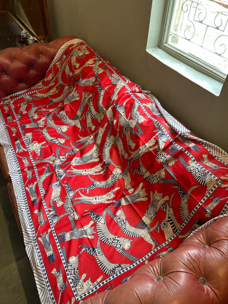 インド綿大判ストール [ドゥパタ]　フライングキャット 緋色　htm150423