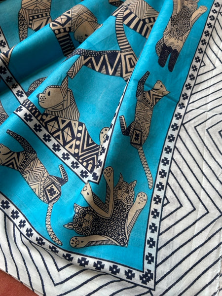 インド綿大判ストール [ドゥパタ]　フライングキャット 水色　htm150423