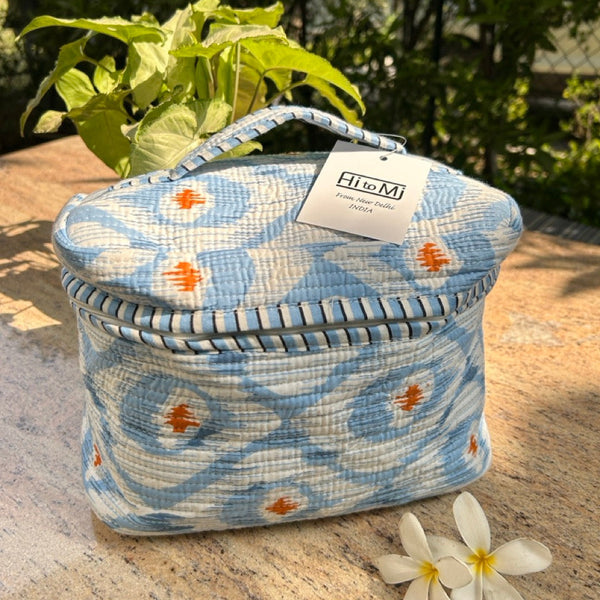 ブロックプリント スクエアバニティケース　ブルー　htm150589