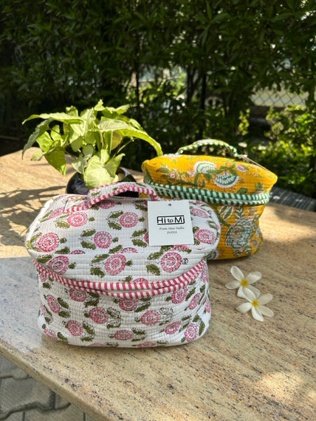 ブロックプリント スクエアバニティケース　イエロー　htm150589