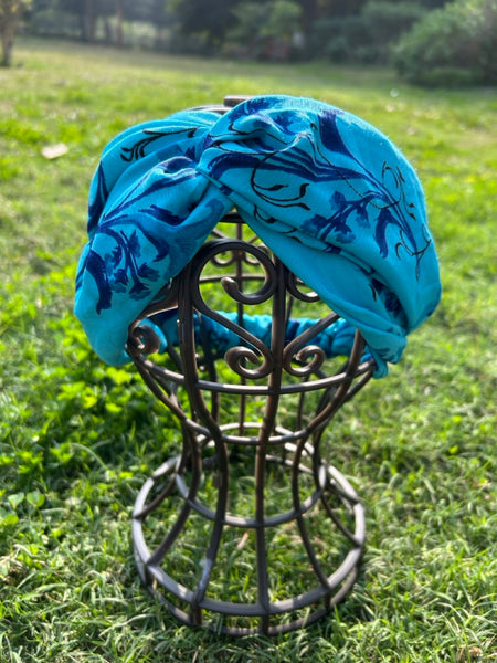 サリー生地のレトロヘアバンド　ブルーフラワー　htm150558