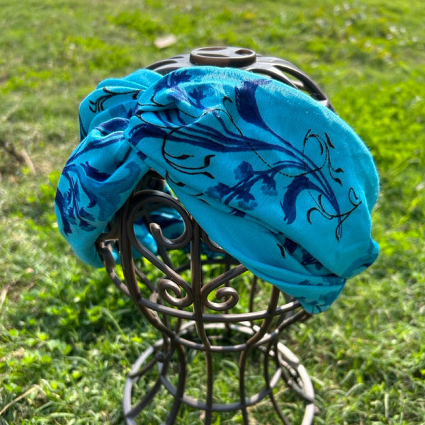 サリー生地のレトロヘアバンド　ブルーフラワー　htm150558