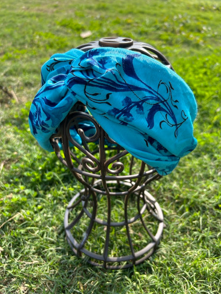 サリー生地のレトロヘアバンド　ブルーフラワー　htm150558