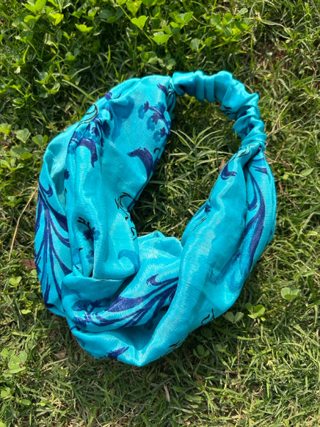 サリー生地のレトロヘアバンド　ブルーフラワー　htm150558