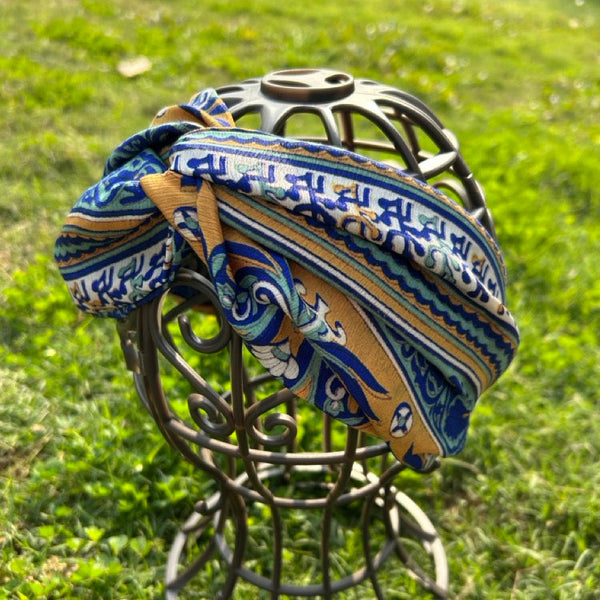 サリー生地のレトロヘアバンド　ブルーボーダー　htm150558